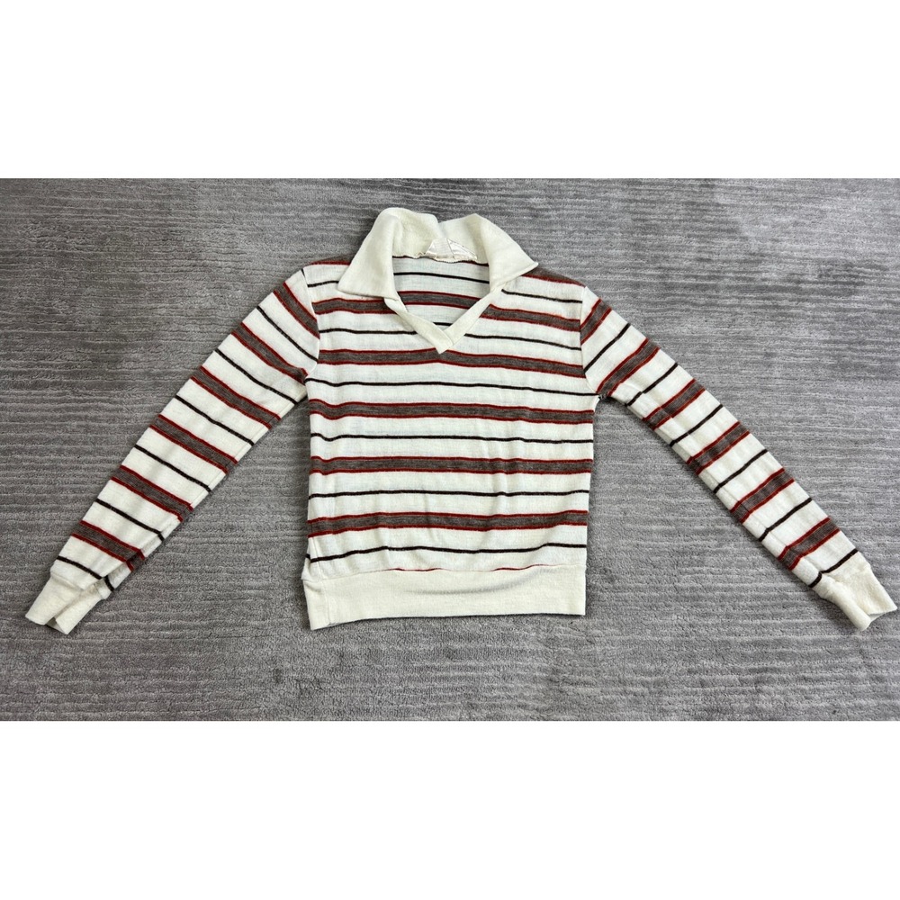 Zayre Knit Top Women Medium Cream Striped Vintage 70s Polo Collar V-Neck Acrylic